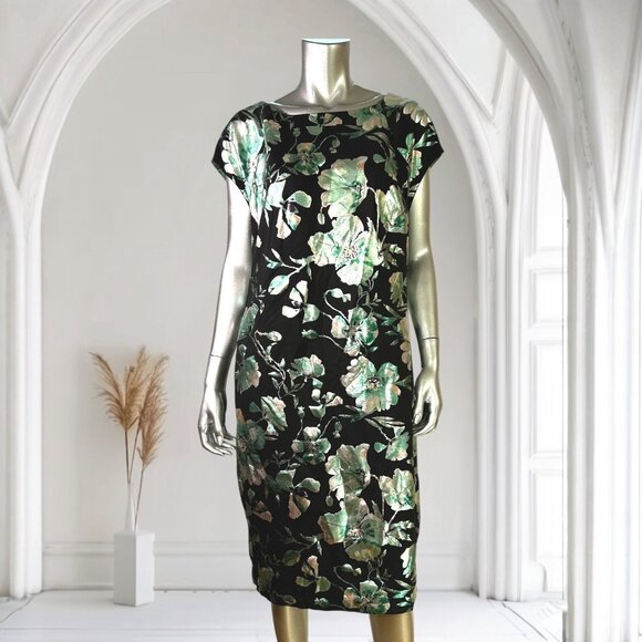 Avenue Floral Print Black & Green Cap Sleeve Midi Sheath Dress 18 - Picture 3 of 8